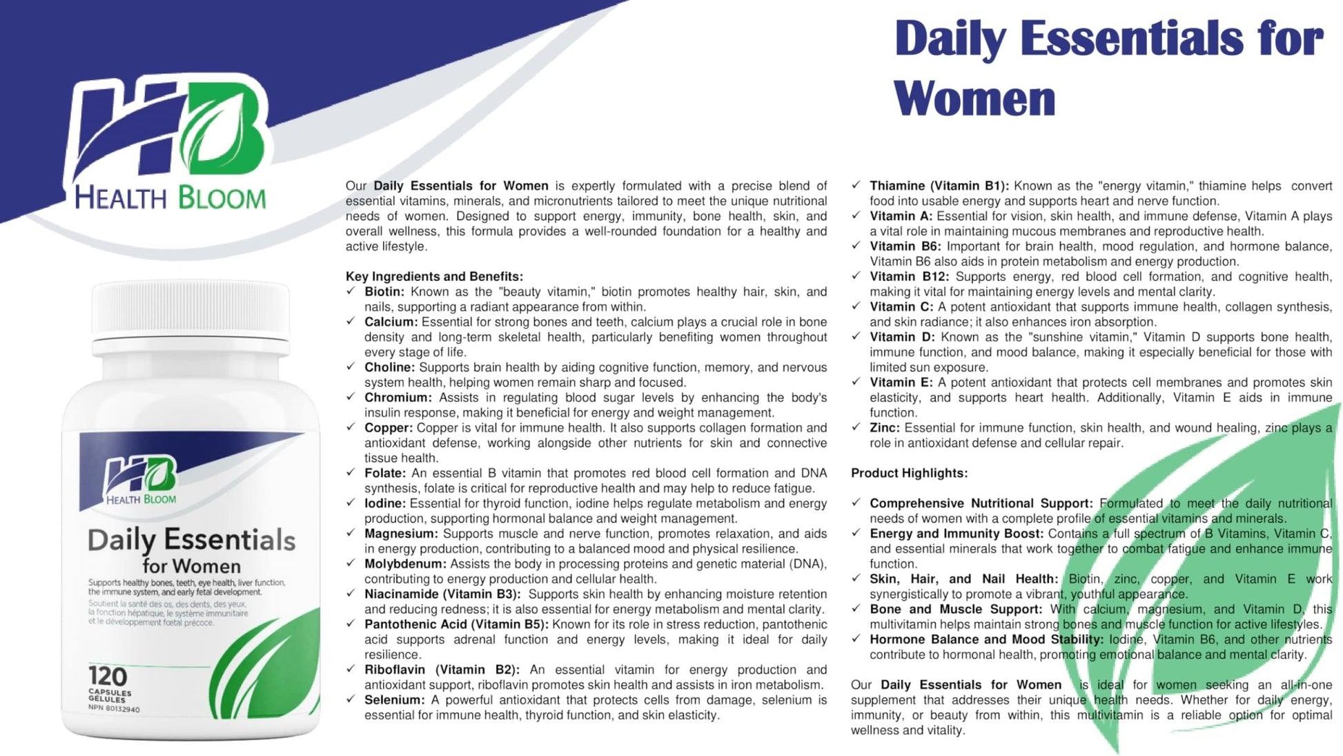 Daily Essentials for Women| 120 Capsules | Health Bloom | Vitamins and Minerals Capsules | - dailyvitalstore