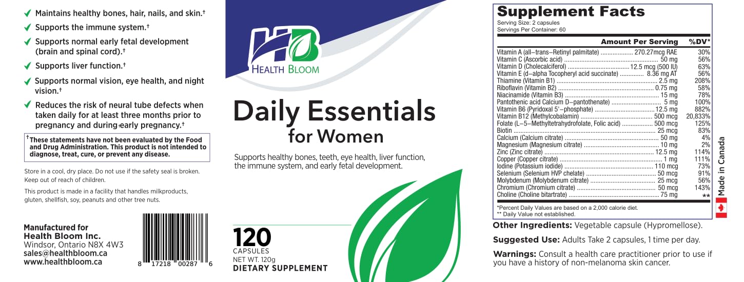 Daily Essentials for Women| 120 Capsules | Health Bloom | Vitamins and Minerals Capsules | - dailyvitalstore