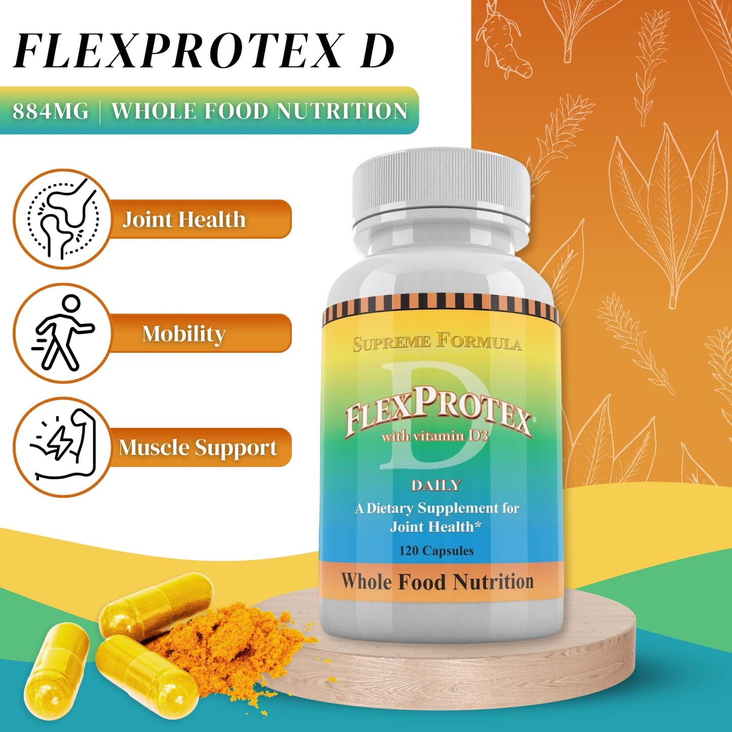 Daily Health, Flexprotex D 884mg Joint Muscle Support 120 Capsules Natural Herbal Turmeric Chondroitin Glucosamine Yucca Boswellia Hyaluronic Acid Ashwagandha D3 Magnesium (1 Month Supply) - dailyvitalstore