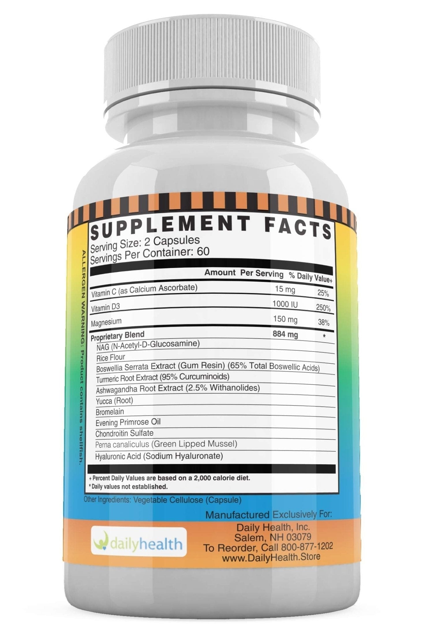Daily Health, Flexprotex D 884mg Joint Muscle Support 120 Capsules Natural Herbal Turmeric Chondroitin Glucosamine Yucca Boswellia Hyaluronic Acid Ashwagandha D3 Magnesium (1 Month Supply) - dailyvitalstore