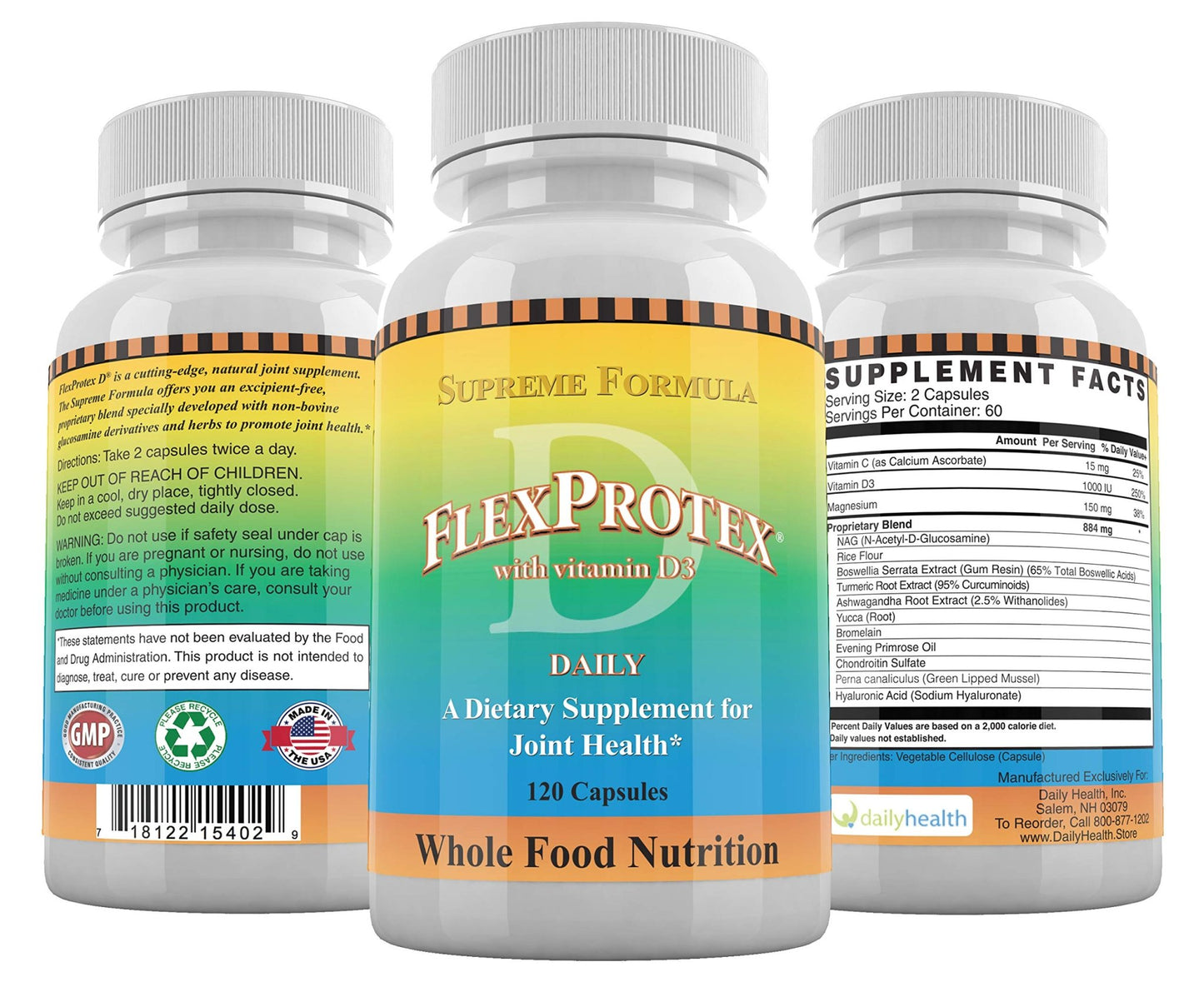 Daily Health, FlexProtex D Joint Muscle Support Supplement 3 Bottles Plus 1 Bottle Daily Marine Coral Calcium 90 Capsules - dailyvitalstore