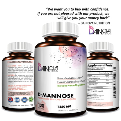 Dainova D Mannose 1350mg with Cranberry I D-Mannose Capsules for UTI Prevention, Urinary Tract Support, Urinary Tract Health for Women, & Cleanse. W/Hibiscus & Dandelion, 120 Veggie Capsules - dailyvitalstore