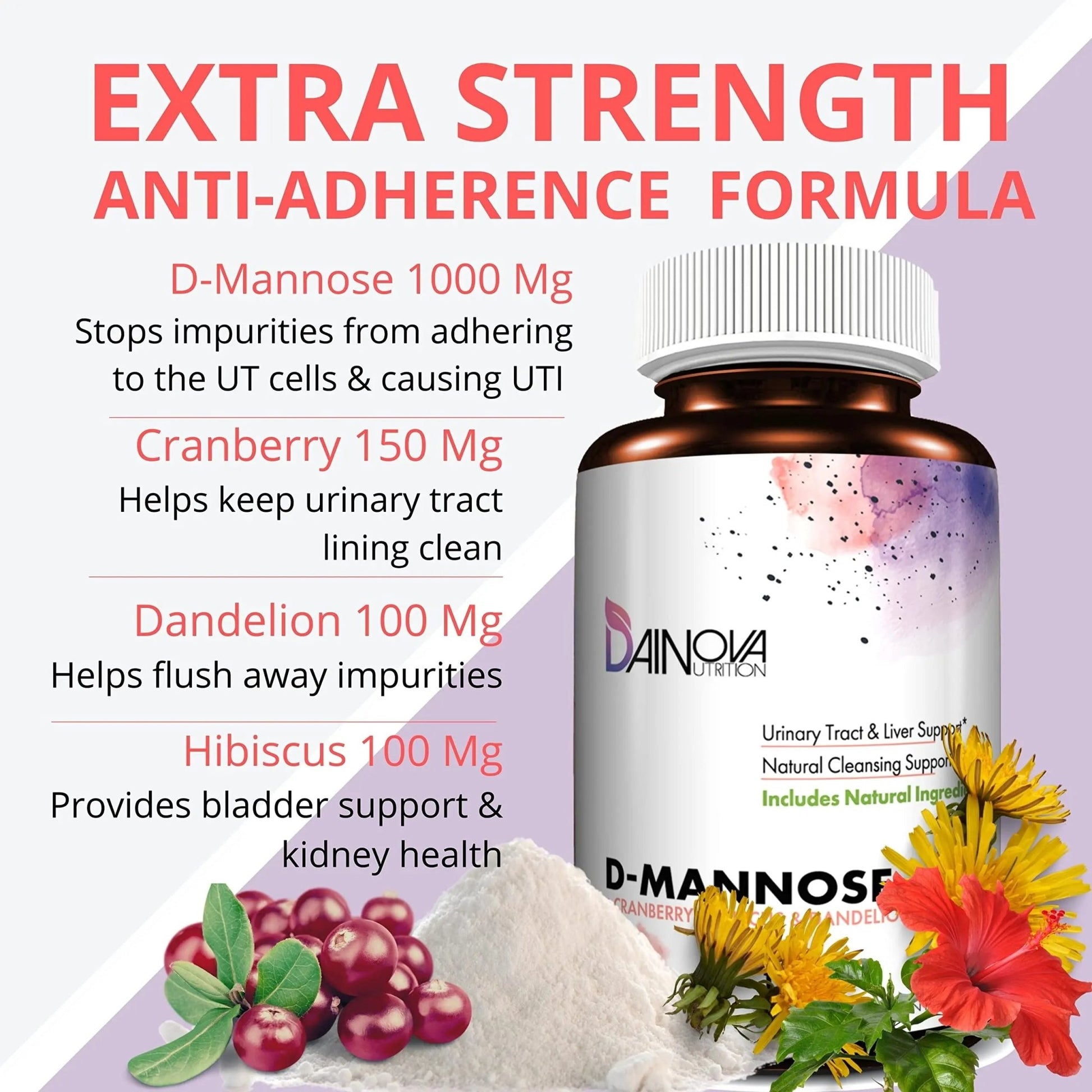Dainova D Mannose 1350mg with Cranberry I D-Mannose Capsules for UTI Prevention, Urinary Tract Support, Urinary Tract Health for Women, & Cleanse. W/Hibiscus & Dandelion, 120 Veggie Capsules - dailyvitalstore