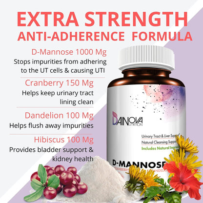 Dainova D Mannose 1350mg with Cranberry I D-Mannose Capsules for UTI Prevention, Urinary Tract Support, Urinary Tract Health for Women, & Cleanse. W/Hibiscus & Dandelion, 120 Veggie Capsules - dailyvitalstore