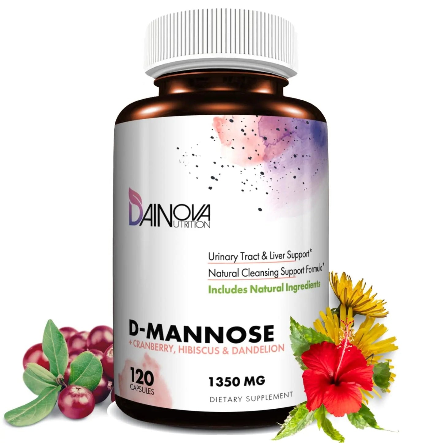 Dainova D Mannose 1350mg with Cranberry I D-Mannose Capsules for UTI Prevention, Urinary Tract Support, Urinary Tract Health for Women, & Cleanse. W/Hibiscus & Dandelion, 120 Veggie Capsules - dailyvitalstore