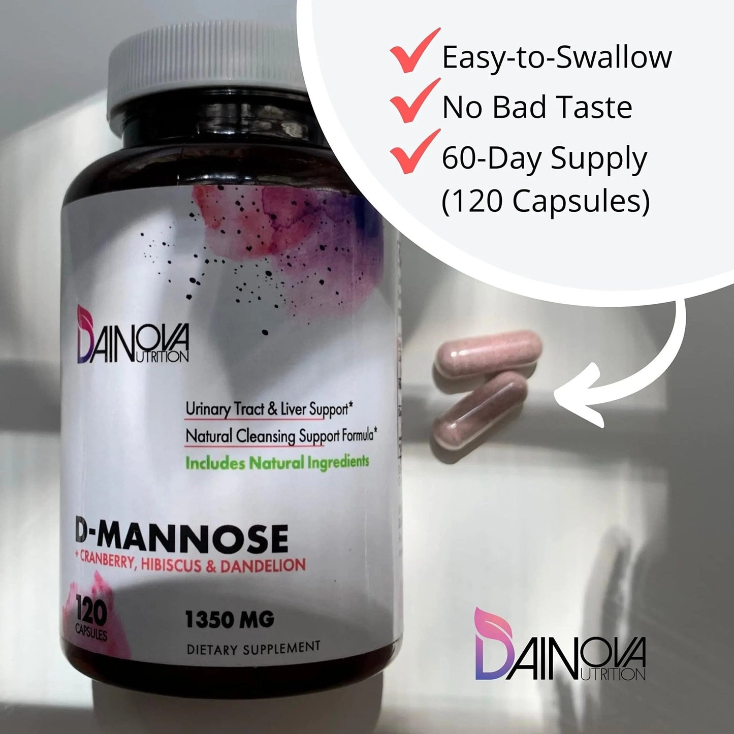 Dainova D Mannose 1350mg with Cranberry I D-Mannose Capsules for UTI Prevention, Urinary Tract Support, Urinary Tract Health for Women, & Cleanse. W/Hibiscus & Dandelion, 120 Veggie Capsules - dailyvitalstore