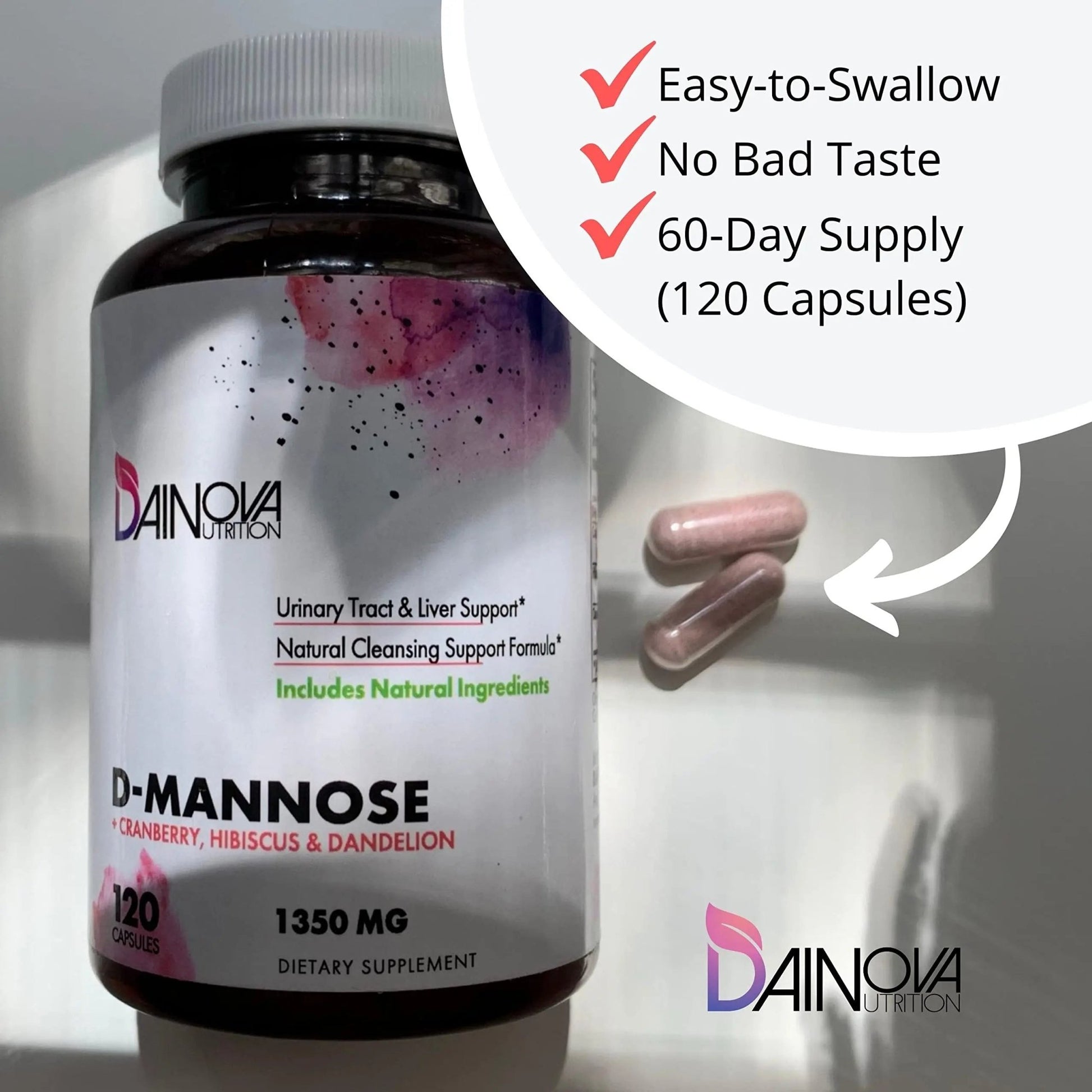 Dainova D Mannose 1350mg with Cranberry I D-Mannose Capsules for UTI Prevention, Urinary Tract Support, Urinary Tract Health for Women, & Cleanse. W/Hibiscus & Dandelion, 120 Veggie Capsules - dailyvitalstore