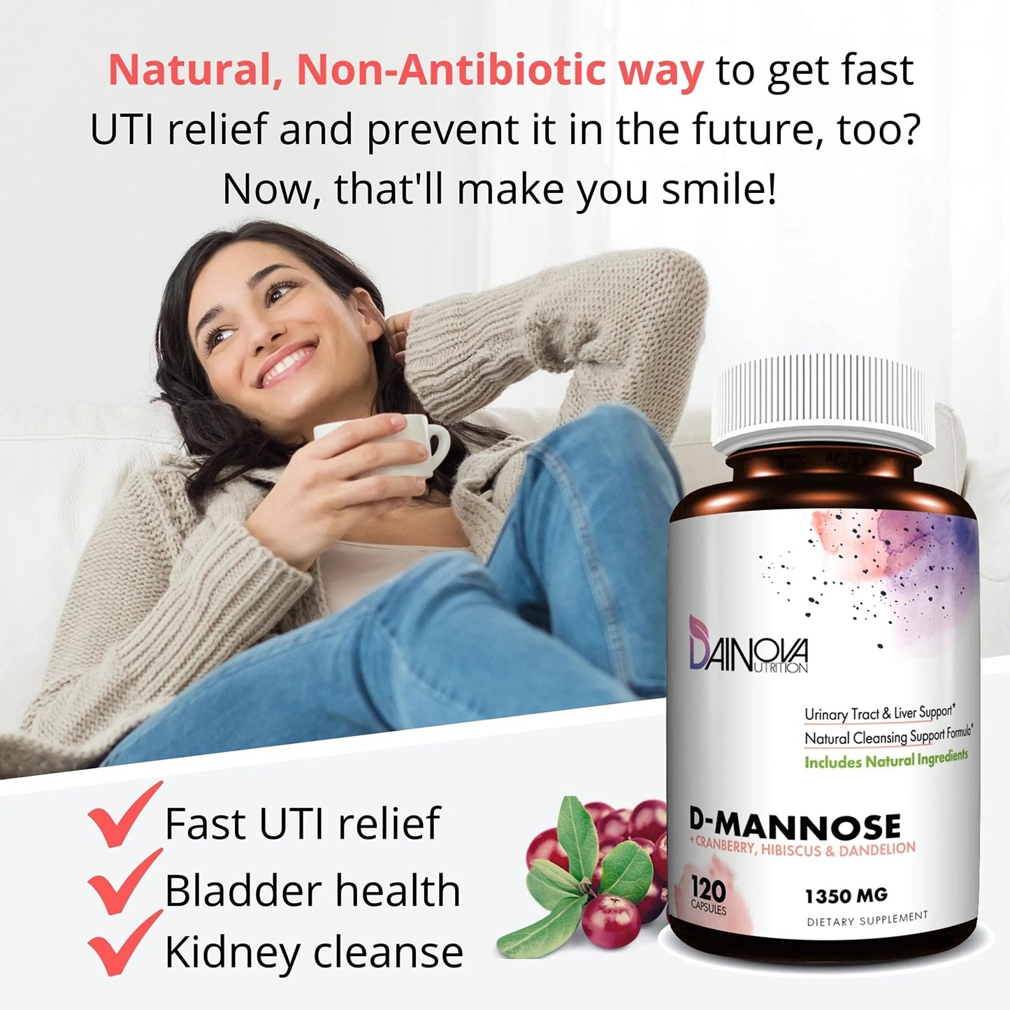 Dainova D Mannose 1350mg with Cranberry I D-Mannose Capsules for UTI Prevention, Urinary Tract Support, Urinary Tract Health for Women, & Cleanse. W/Hibiscus & Dandelion, 120 Veggie Capsules - dailyvitalstore