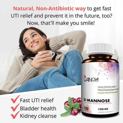 Dainova D Mannose 1350mg with Cranberry I D-Mannose Capsules for UTI Prevention, Urinary Tract Support, Urinary Tract Health for Women, & Cleanse. W/Hibiscus & Dandelion, 120 Veggie Capsules - dailyvitalstore