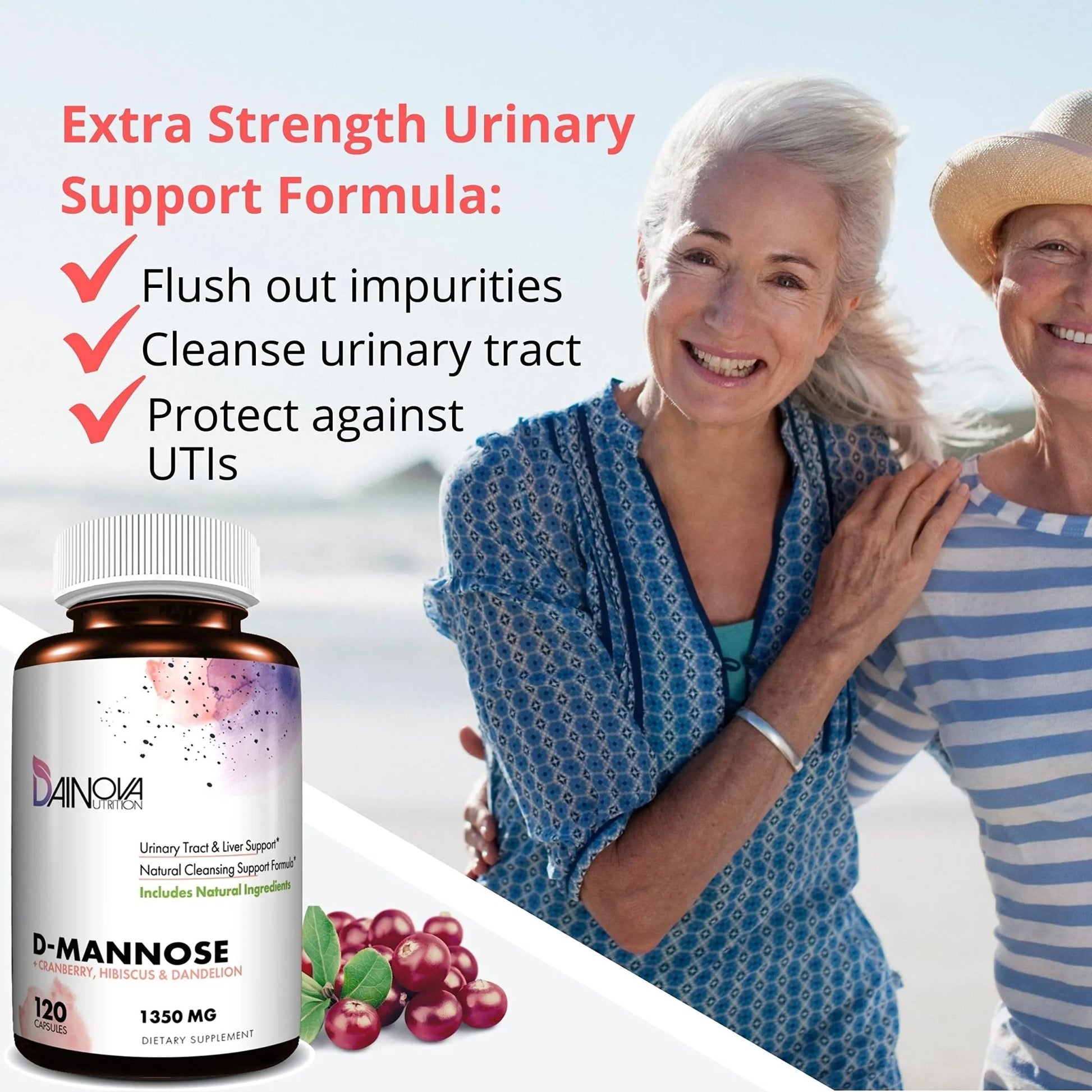 Dainova D Mannose 1350mg with Cranberry I D-Mannose Capsules for UTI Prevention, Urinary Tract Support, Urinary Tract Health for Women, & Cleanse. W/Hibiscus & Dandelion, 120 Veggie Capsules - dailyvitalstore