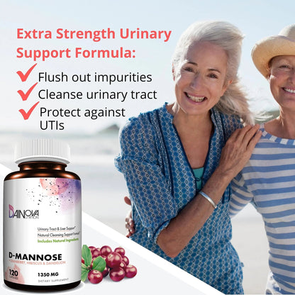 Dainova D Mannose 1350mg with Cranberry I D-Mannose Capsules for UTI Prevention, Urinary Tract Support, Urinary Tract Health for Women, & Cleanse. W/Hibiscus & Dandelion, 120 Veggie Capsules - dailyvitalstore