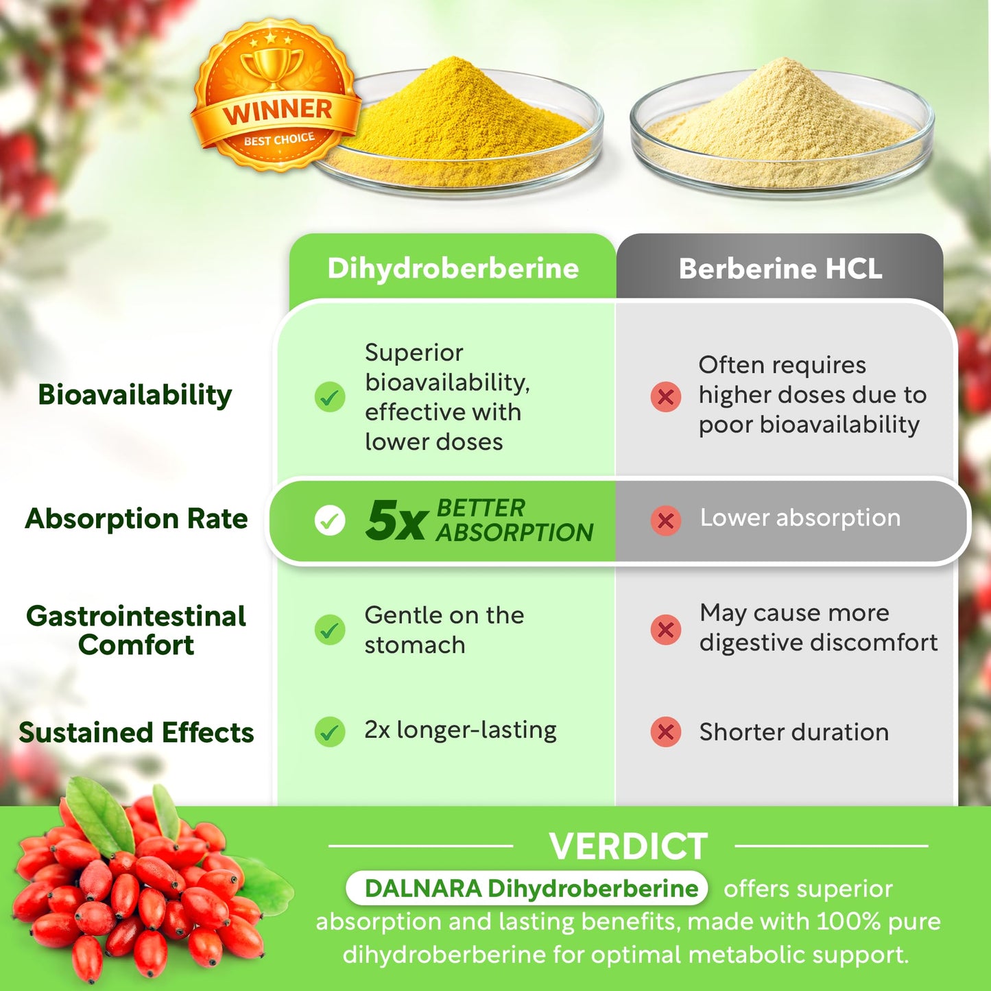 Dalnara Dihydroberberine Capsules 250mg, 60 Count - Supports Metabolic Wellness & Balanced Energy, Non-GMO,Dihydroberberine Supplement - dailyvitalstore