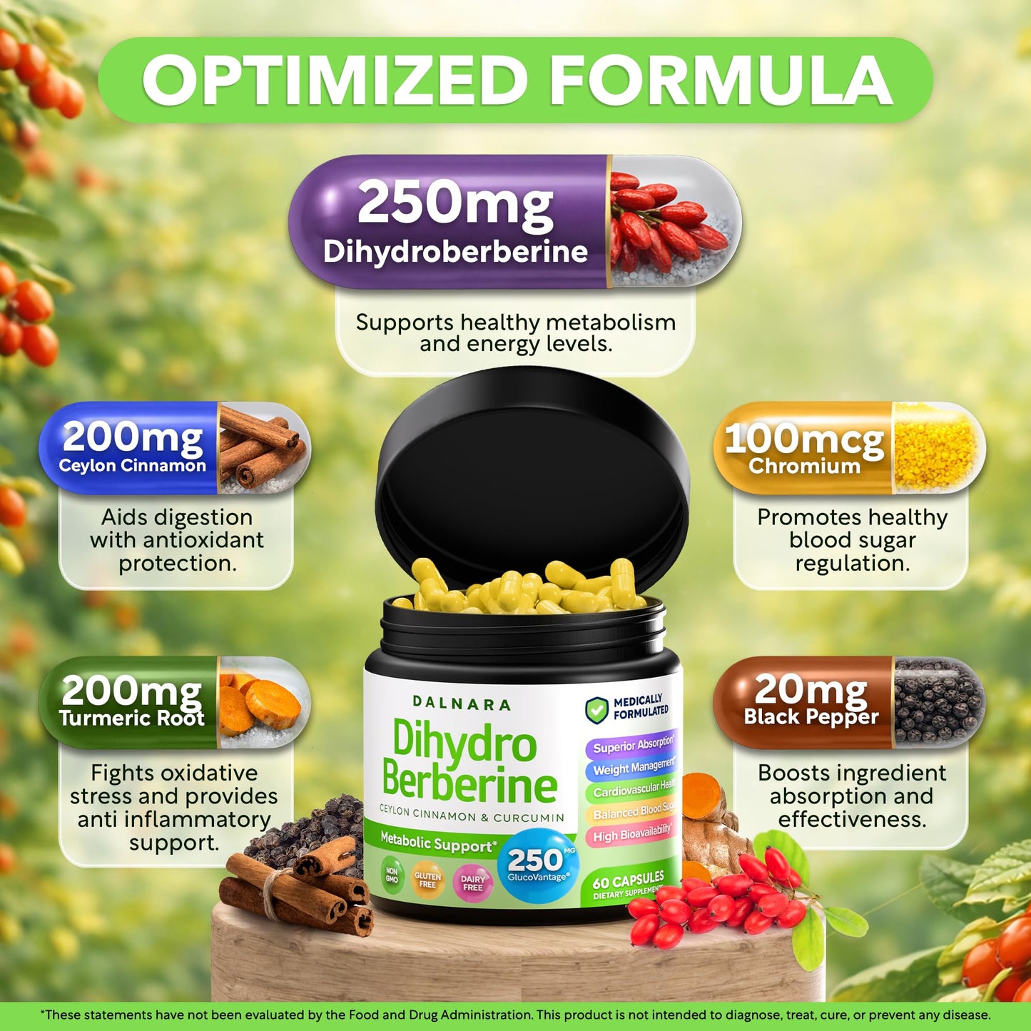 Dalnara Dihydroberberine Capsules 250mg, 60 Count - Supports Metabolic Wellness & Balanced Energy, Non-GMO,Dihydroberberine Supplement - dailyvitalstore