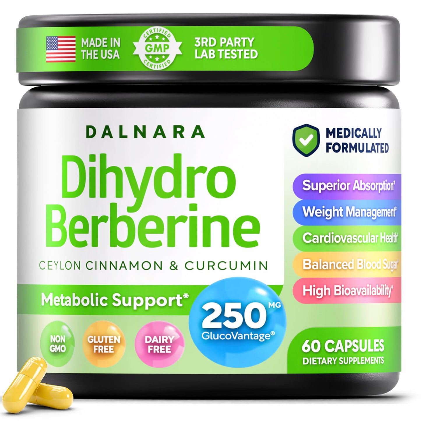 Dalnara Dihydroberberine Capsules 250mg, 60 Count - Supports Metabolic Wellness & Balanced Energy, Non-GMO,Dihydroberberine Supplement - dailyvitalstore
