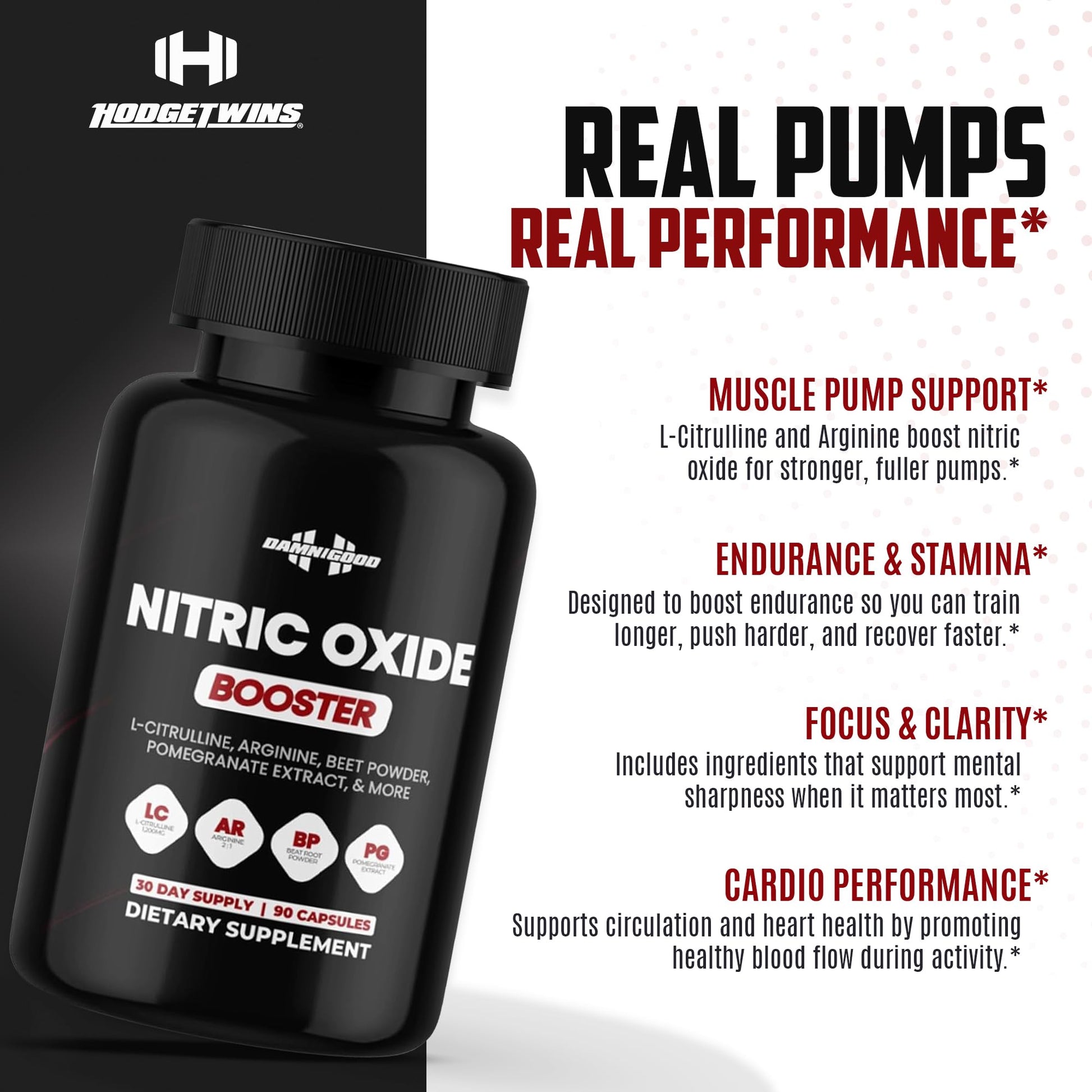 DAMN GOOD The Hodge Twins Nitric Oxide Booster – Beet Root Nitric Oxide & Arginine Citrulline Supplement, Pomegranate Blend for Workout Drive, Endurance Support & Pump Power - 90 Capsules - dailyvitalstore