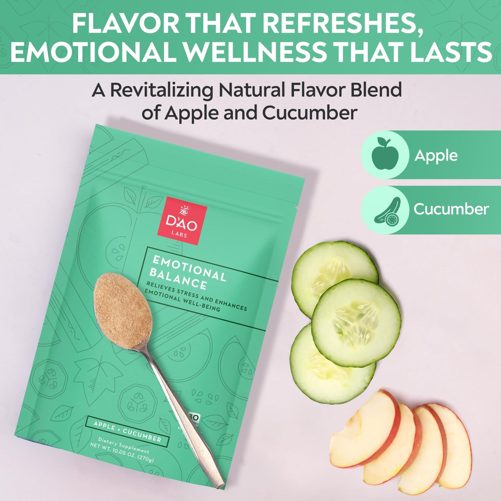 D'AO Labs Emotional Balance - Emotional Balance Powder - Calm & Stress Relief - Effervescent Powder with Apple-Cucumber Flavor - Xiao Yao San Traditional Chinese Herbal - 30 Individual Servings - dailyvitalstore