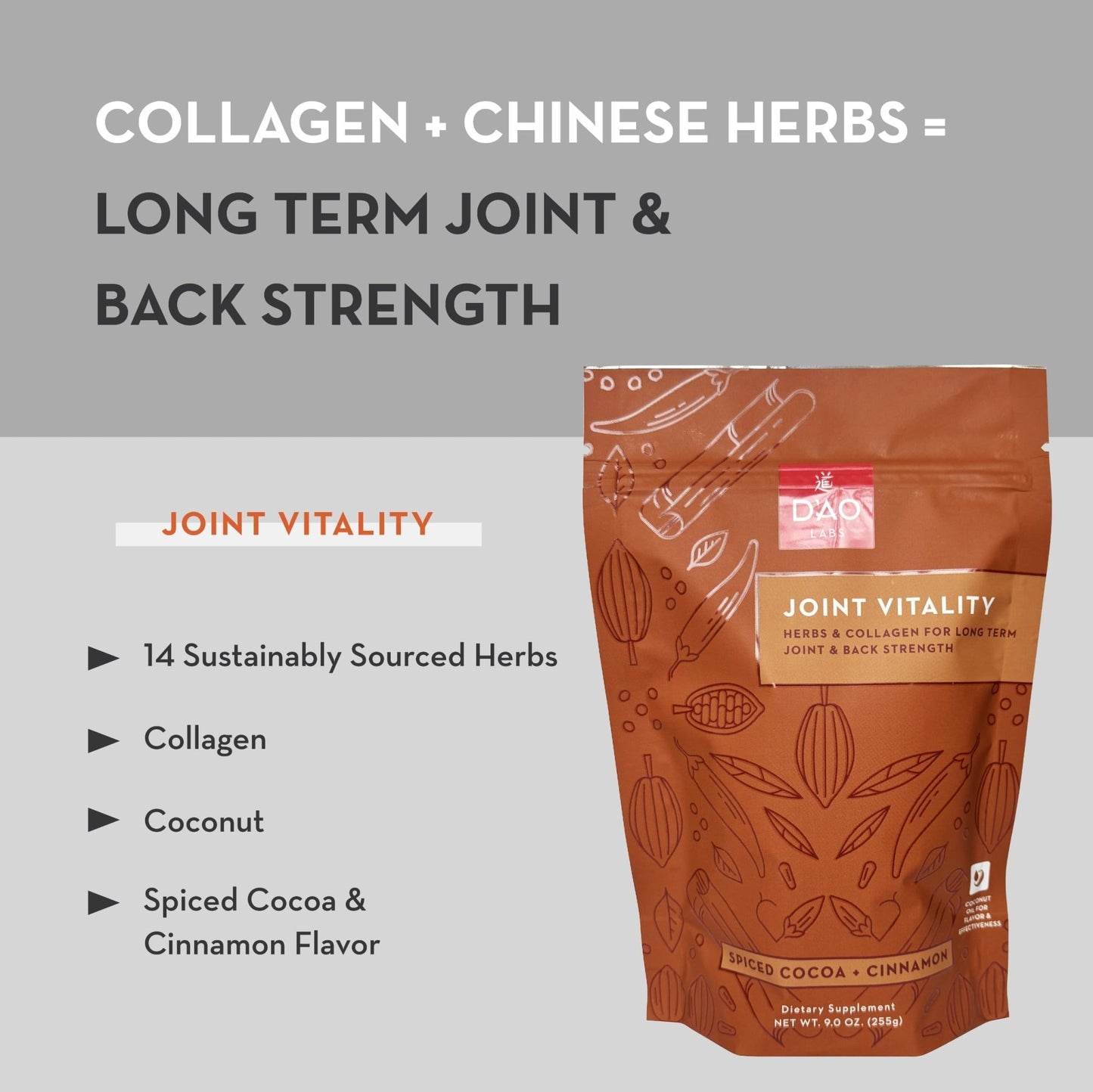D'AO Labs Joint Vitality Powder - Joint Support - Du Huo Ji Shen Tang Traditional Chinese Herbal - Increased Mobility & Flexibility - Spiced Cocoa & Cinnamon Flavor - 15 Servings - dailyvitalstore