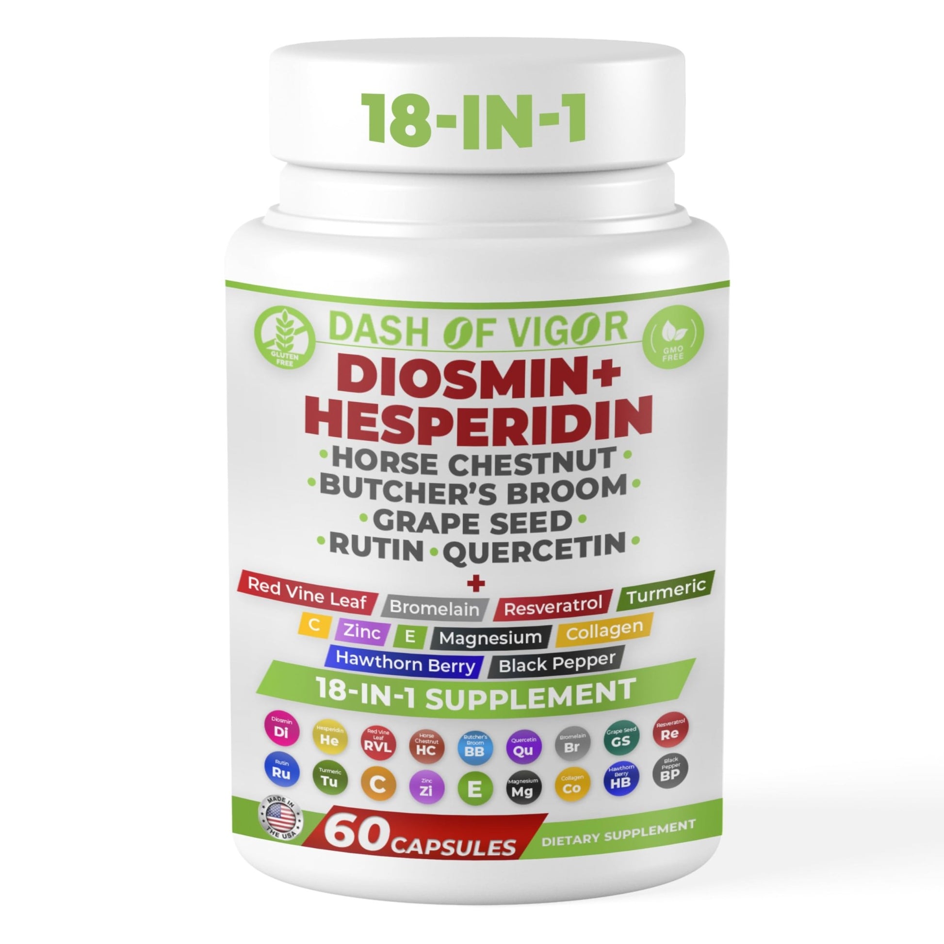 Dash of Vigor 18-in-1 Diosmin Hesperidin Supplement, Quercetin with Bromelain, Zinc, Vitamin C with Rutin Supplement, Horse Chestnut Extract, Butcher's Broom Extract, USA, 60 Capsules - dailyvitalstore