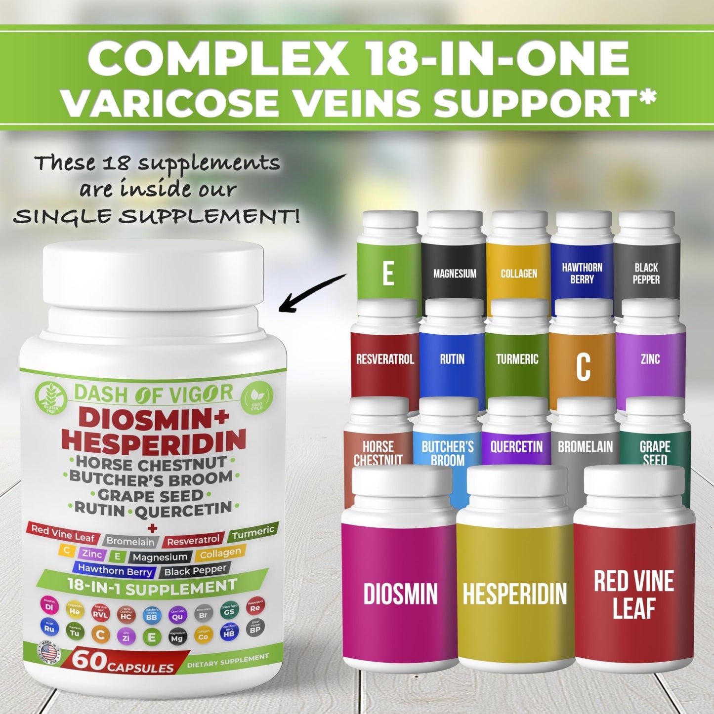 Dash of Vigor 18-in-1 Diosmin Hesperidin Supplement, Quercetin with Bromelain, Zinc, Vitamin C with Rutin Supplement, Horse Chestnut Extract, Butcher's Broom Extract, USA, 60 Capsules - dailyvitalstore
