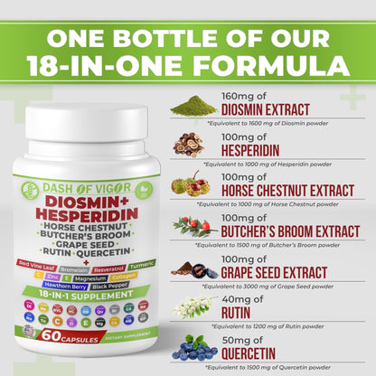 Dash of Vigor 18-in-1 Diosmin Hesperidin Supplement, Quercetin with Bromelain, Zinc, Vitamin C with Rutin Supplement, Horse Chestnut Extract, Butcher's Broom Extract, USA, 60 Capsules - dailyvitalstore