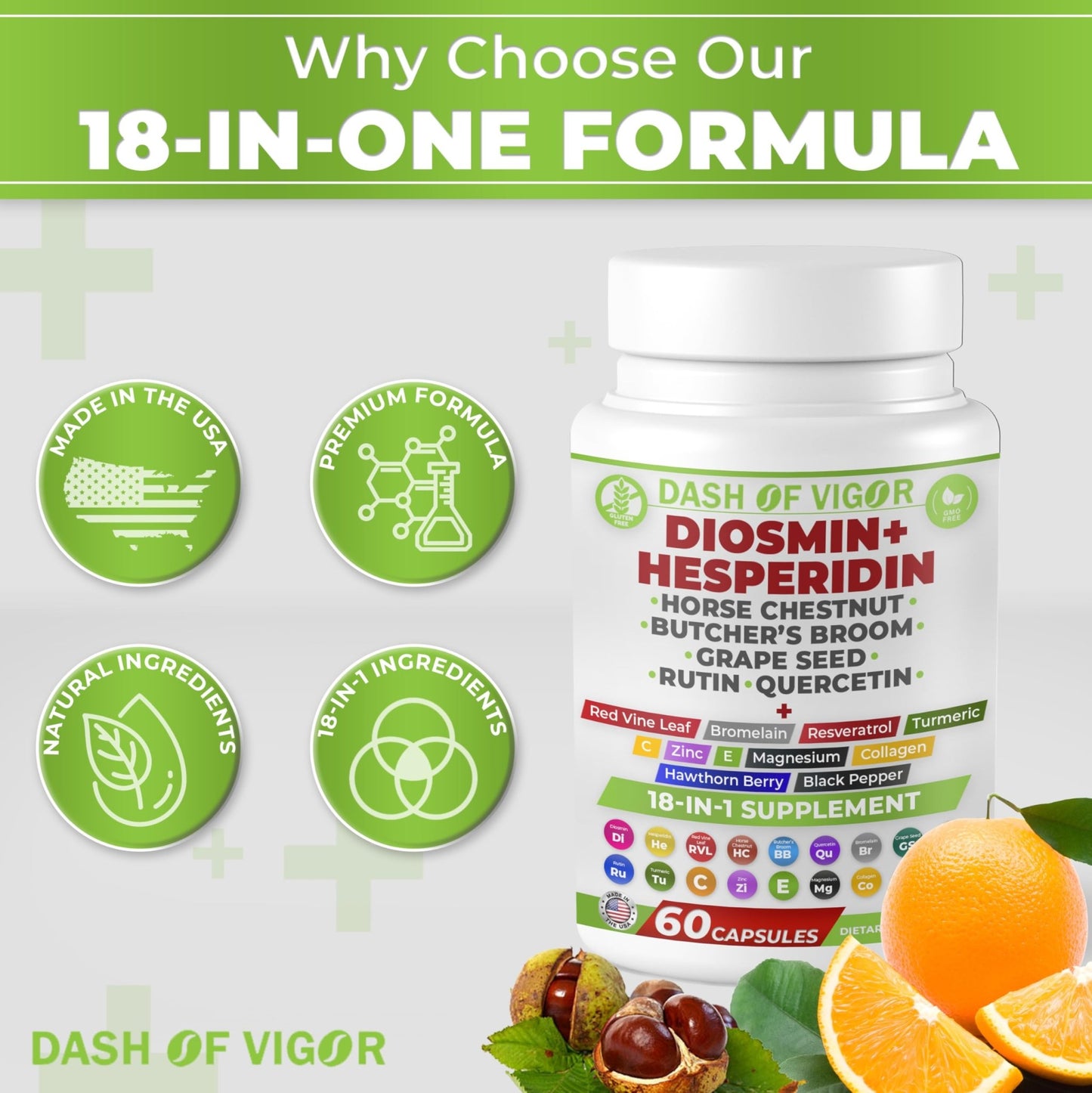 Dash of Vigor 18-in-1 Diosmin Hesperidin Supplement, Quercetin with Bromelain, Zinc, Vitamin C with Rutin Supplement, Horse Chestnut Extract, Butcher's Broom Extract, USA, 60 Capsules - dailyvitalstore