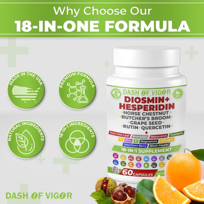 Dash of Vigor 18-in-1 Diosmin Hesperidin Supplement, Quercetin with Bromelain, Zinc, Vitamin C with Rutin Supplement, Horse Chestnut Extract, Butcher's Broom Extract, USA, 60 Capsules - dailyvitalstore