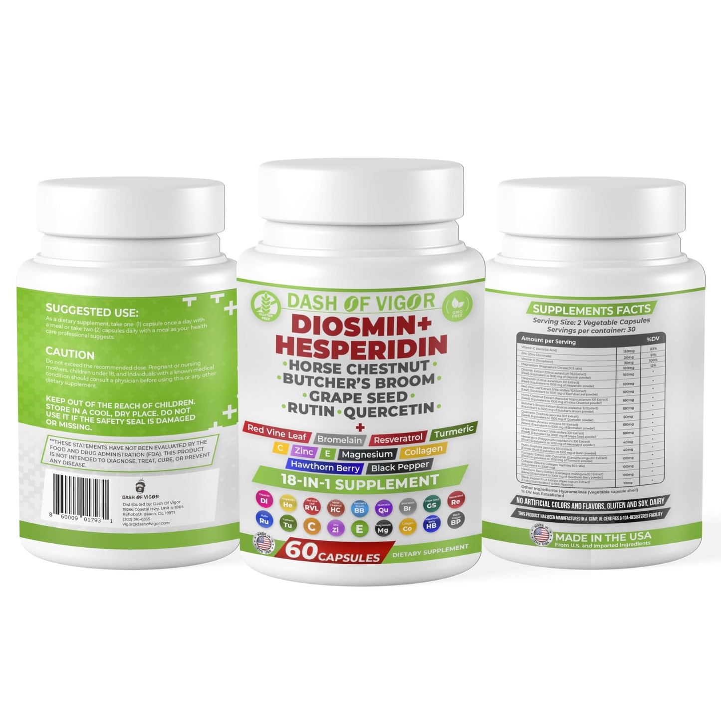 Dash of Vigor 18-in-1 Diosmin Hesperidin Supplement, Quercetin with Bromelain, Zinc, Vitamin C with Rutin Supplement, Horse Chestnut Extract, Butcher's Broom Extract, USA, 60 Capsules - dailyvitalstore
