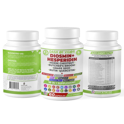 Dash of Vigor 18-in-1 Diosmin Hesperidin Supplement, Quercetin with Bromelain, Zinc, Vitamin C with Rutin Supplement, Horse Chestnut Extract, Butcher's Broom Extract, USA, 60 Capsules - dailyvitalstore