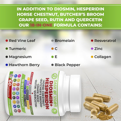 Dash of Vigor 18-in-1 Diosmin Hesperidin Supplement, Quercetin with Bromelain, Zinc, Vitamin C with Rutin Supplement, Horse Chestnut Extract, Butcher's Broom Extract, USA, 60 Capsules - dailyvitalstore
