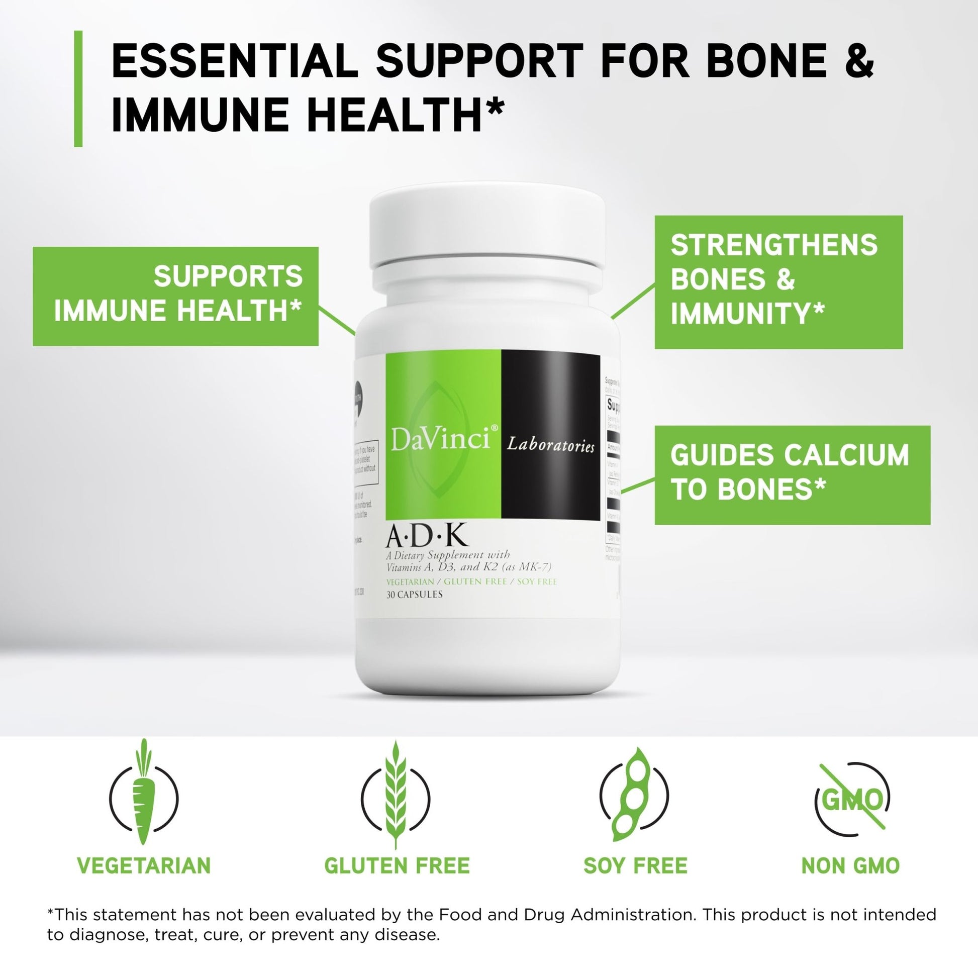 DAVINCI Labs ADK - Helps Support Bone, Heart & Immune Health - Dietary Supplement with Vitamins A, D3 & K2 (as MK-7) - Vegetarian - dailyvitalstore