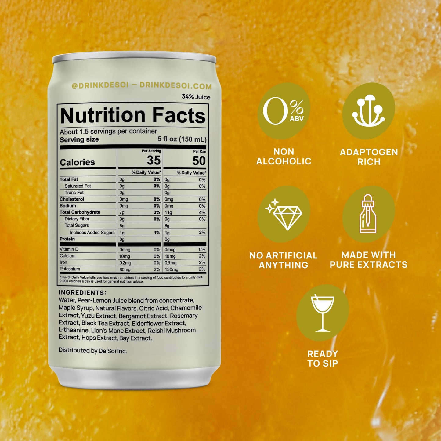 De Soi Golden Hour Mocktails NA Drinks 8 fl oz (12-pack) - Adaptogen Drink, Sparkling Drink with Calming Botanicals, Mocktail Drinks, Gluten Free, No Artificial Flavors - dailyvitalstore