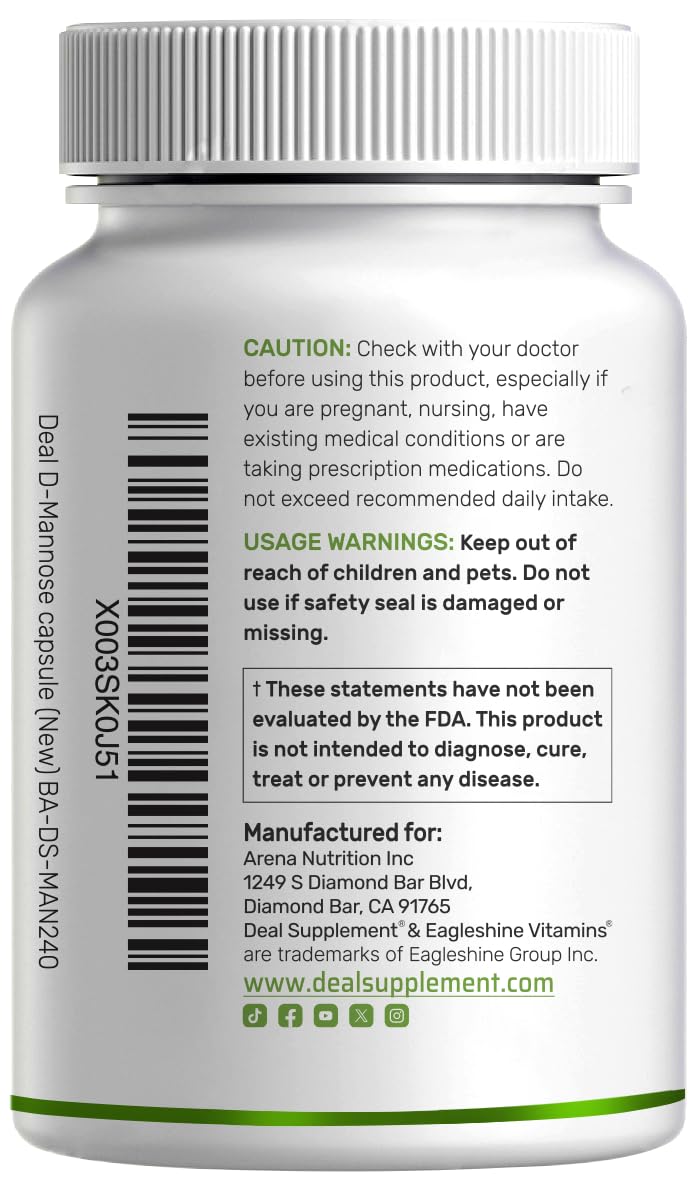 DEAL SUPPLEMENT D Mannose 500mg Capsules (2,000mg Per Serving), 240 Veggie Pills – Fast Acting Water-Soluble Form – Extra Strength Urinary Tract (UTI) Health Support – Non-GMO, Vegan Friendly - dailyvitalstore