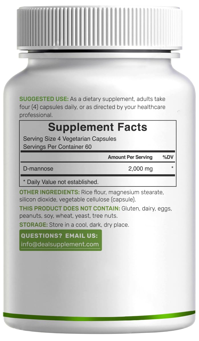 DEAL SUPPLEMENT D Mannose 500mg Capsules (2,000mg Per Serving), 240 Veggie Pills – Fast Acting Water-Soluble Form – Extra Strength Urinary Tract (UTI) Health Support – Non-GMO, Vegan Friendly - dailyvitalstore