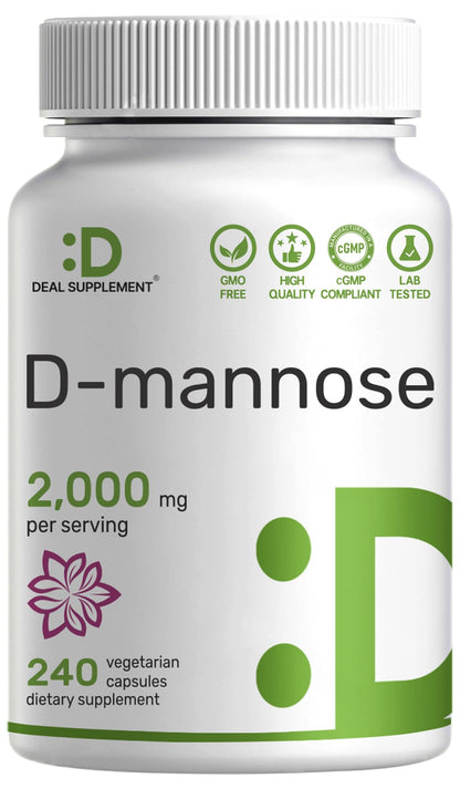 DEAL SUPPLEMENT D Mannose 500mg Capsules (2,000mg Per Serving), 240 Veggie Pills – Fast Acting Water-Soluble Form – Extra Strength Urinary Tract (UTI) Health Support – Non-GMO, Vegan Friendly - dailyvitalstore
