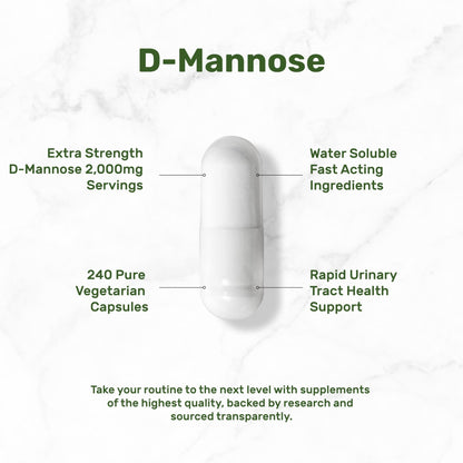 DEAL SUPPLEMENT D Mannose 500mg Capsules (2,000mg Per Serving), 240 Veggie Pills – Fast Acting Water-Soluble Form – Extra Strength Urinary Tract (UTI) Health Support – Non-GMO, Vegan Friendly - dailyvitalstore