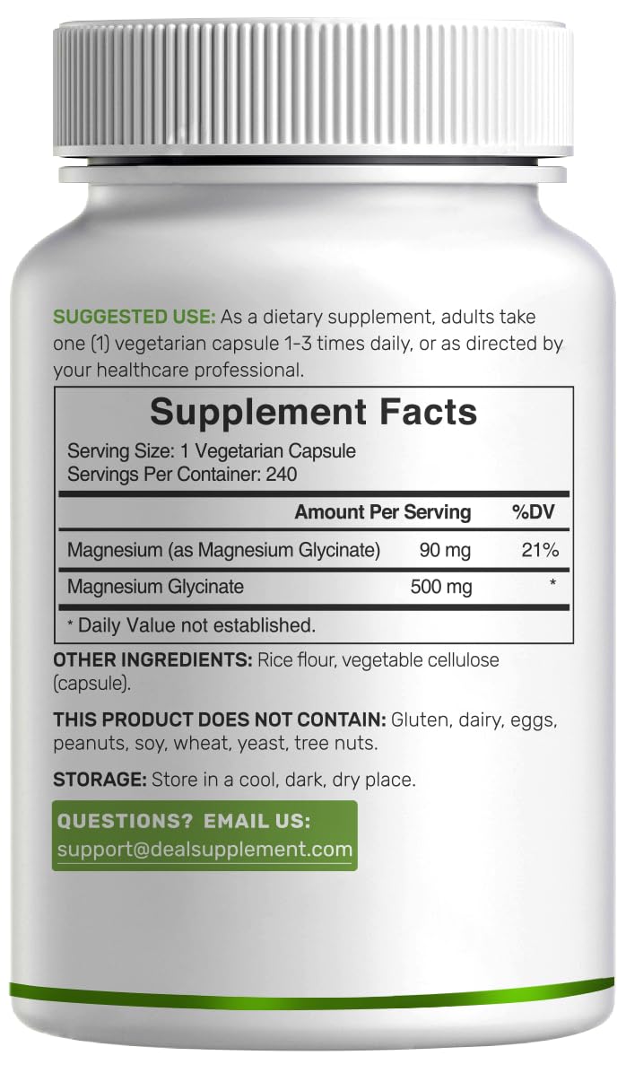 Deal Supplement Magnesium Glycinate 500mg, 240 Veggie Capsules | 100% Chelated for Easy Absorption | Essential Mineral Supplement | Non-GMO, Gluten-Free - dailyvitalstore
