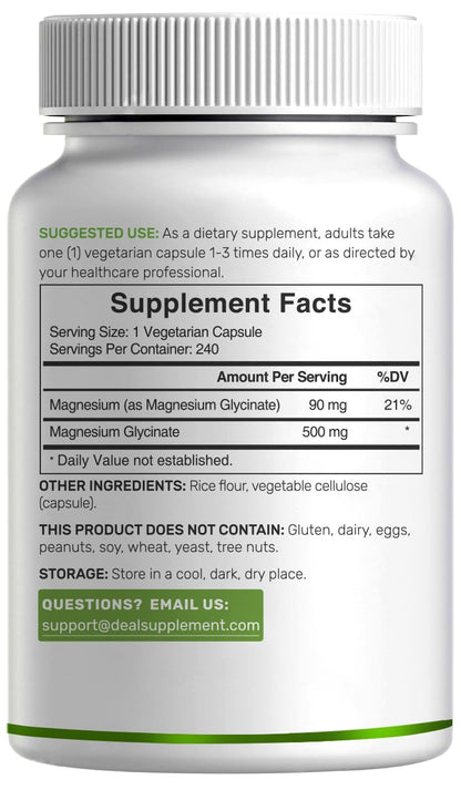 Deal Supplement Magnesium Glycinate 500mg, 240 Veggie Capsules | 100% Chelated for Easy Absorption | Essential Mineral Supplement | Non-GMO, Gluten-Free - dailyvitalstore