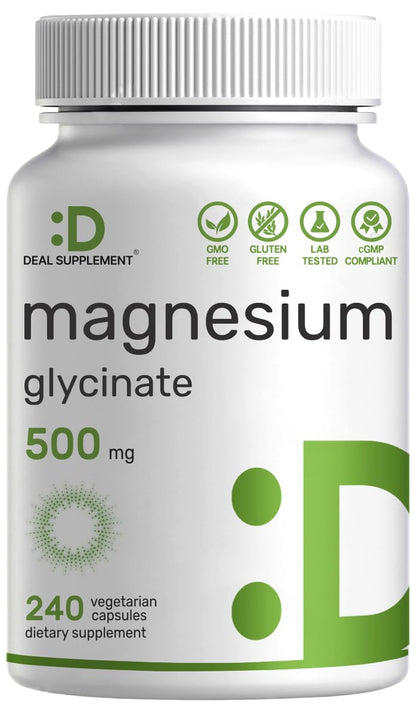 Deal Supplement Magnesium Glycinate 500mg, 240 Veggie Capsules | 100% Chelated for Easy Absorption | Essential Mineral Supplement | Non-GMO, Gluten-Free - dailyvitalstore