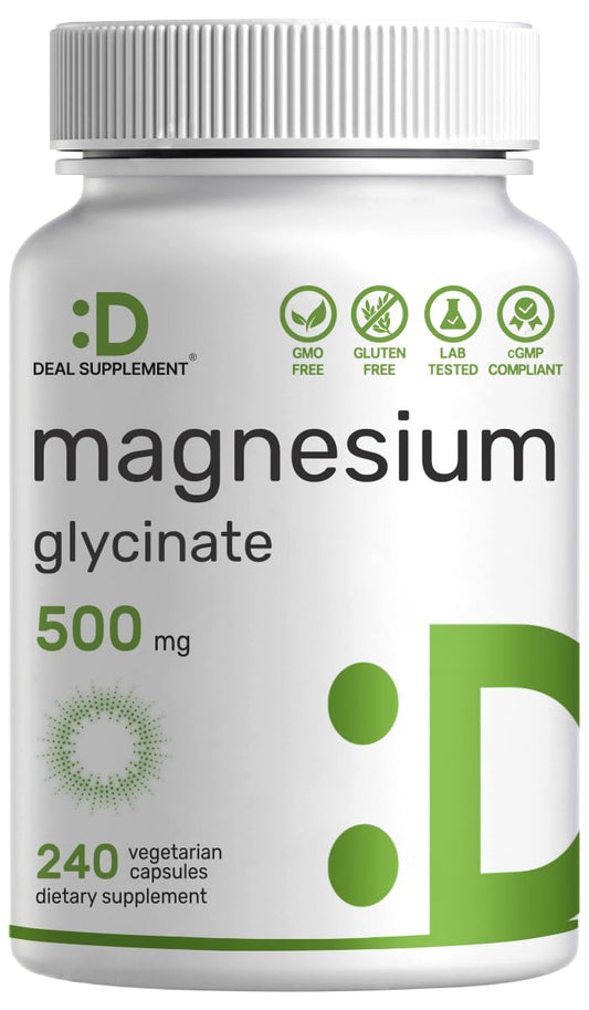 Deal Supplement Magnesium Glycinate 500mg, 240 Veggie Capsules | 100% Chelated for Easy Absorption | Essential Mineral Supplement | Non-GMO, Gluten-Free - dailyvitalstore