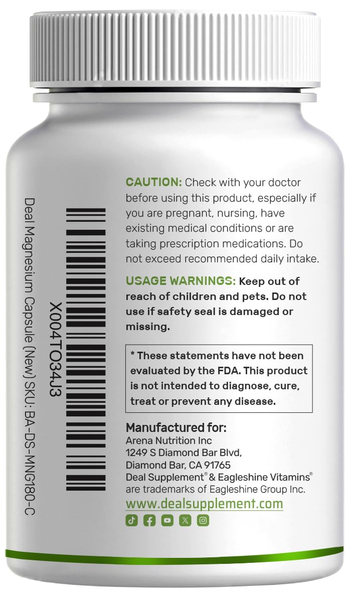 Deal Supplement Magnesium Glycinate 500mg, 240 Veggie Capsules | 100% Chelated for Easy Absorption | Essential Mineral Supplement | Non-GMO, Gluten-Free - dailyvitalstore