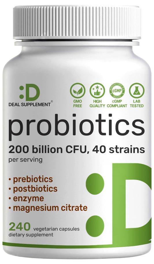 DEAL SUPPLEMENT Probiotics for Women & Men, 200 Billion CFU Per Serving, 240 Vegetarian Capsules, 4 Month Supply | 40 Strains with Prebiotics, Enzymes & Magnesium Citrate | Non-GMO, Gluten Free - dailyvitalstore