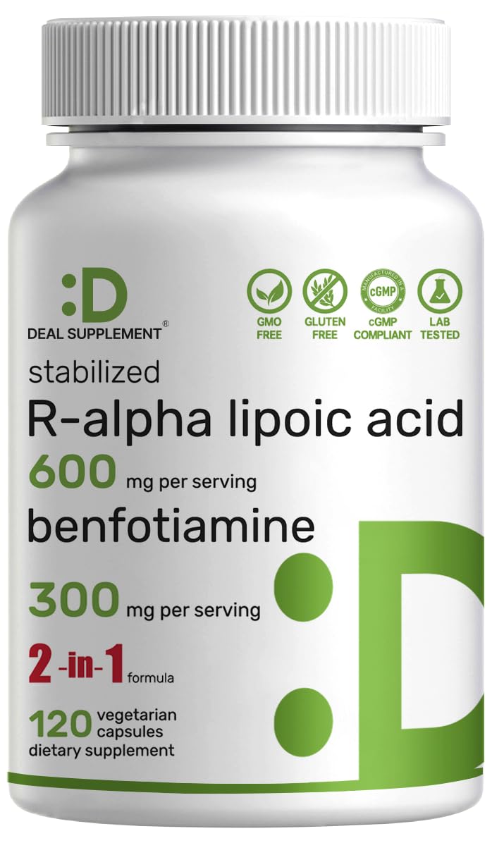 DEAL SUPPLEMENT R Alpha Lipoic Acid 600mg with Benfotiamine 300mg Per Serving, 120 Veggie Capsules – 200mg R-ALA Per Capsule – Antioxidant Supplement - dailyvitalstore