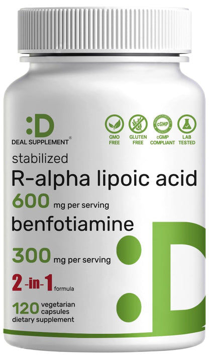 DEAL SUPPLEMENT R Alpha Lipoic Acid 600mg with Benfotiamine 300mg Per Serving, 120 Veggie Capsules – 200mg R-ALA Per Capsule – Antioxidant Supplement - dailyvitalstore
