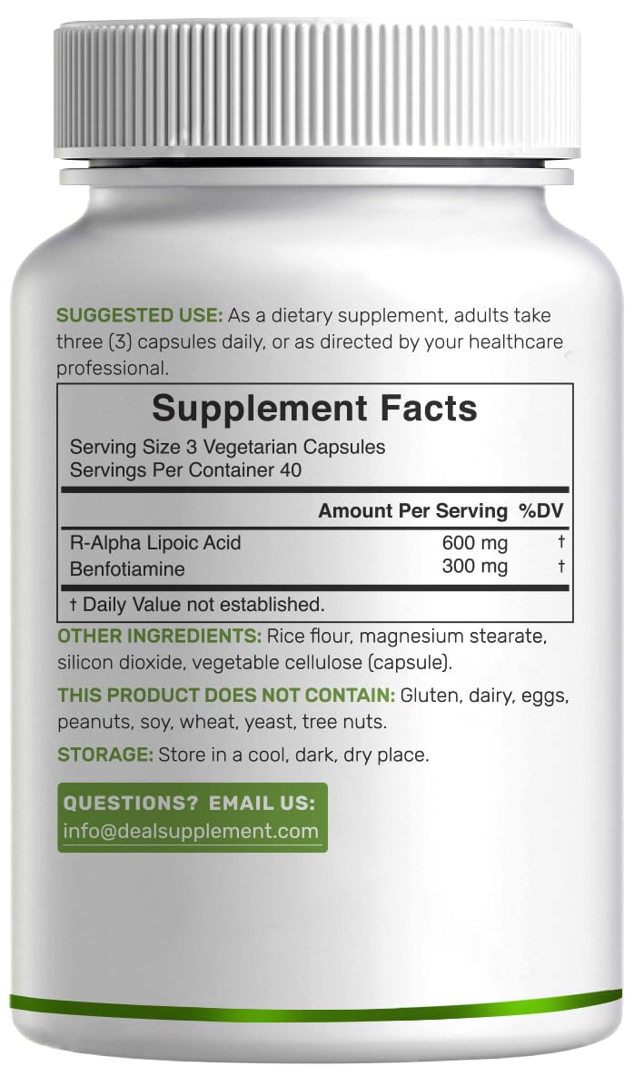 DEAL SUPPLEMENT R Alpha Lipoic Acid 600mg with Benfotiamine 300mg Per Serving, 120 Veggie Capsules – 200mg R-ALA Per Capsule – Antioxidant Supplement - dailyvitalstore