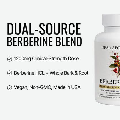 Dear Apothecary Berberine HCl 1200mg Supplement - Dual Source Bark & Root Extract - Berberis Aristata - USA Grown Botanical Extract - dailyvitalstore