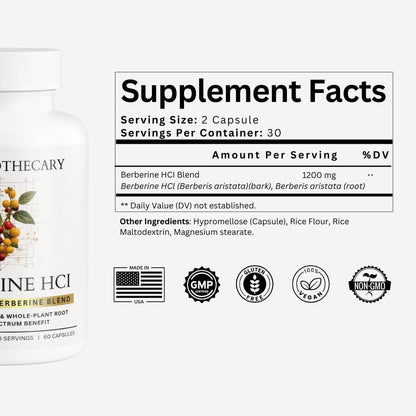 Dear Apothecary Berberine HCl 1200mg Supplement - Dual Source Bark & Root Extract - Berberis Aristata - USA Grown Botanical Extract - dailyvitalstore