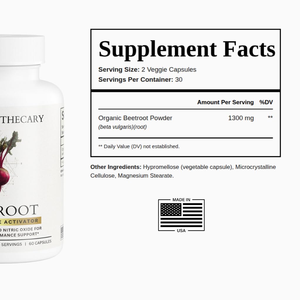 Dear Apothecary Organic Beetroot Capsules | 1300mg Beet Root Powder | Nitric Oxide Precursor | 60 Vegetarian Capsules | Non-GMO, Gluten Free, Vegan - dailyvitalstore