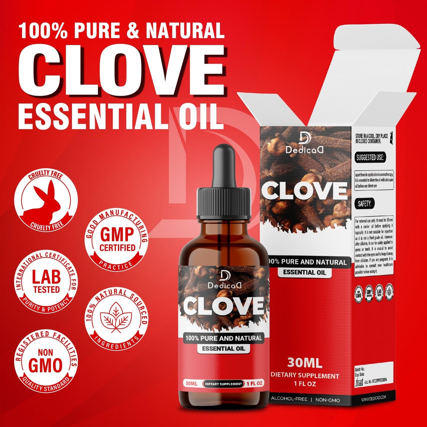 DEDICAD - 1 FL Oz - 30ml - Clove Essential Oil Supplement – for Toothache, Oral Care, Skin & Hair – Clove Oil Organic - dailyvitalstore