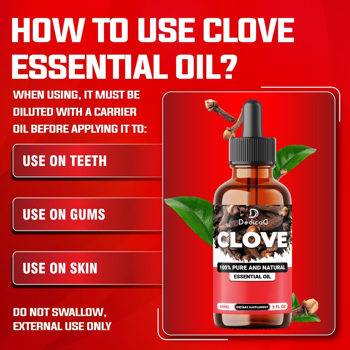 DEDICAD - 1 FL Oz - 30ml - Clove Essential Oil Supplement – for Toothache, Oral Care, Skin & Hair – Clove Oil Organic - dailyvitalstore