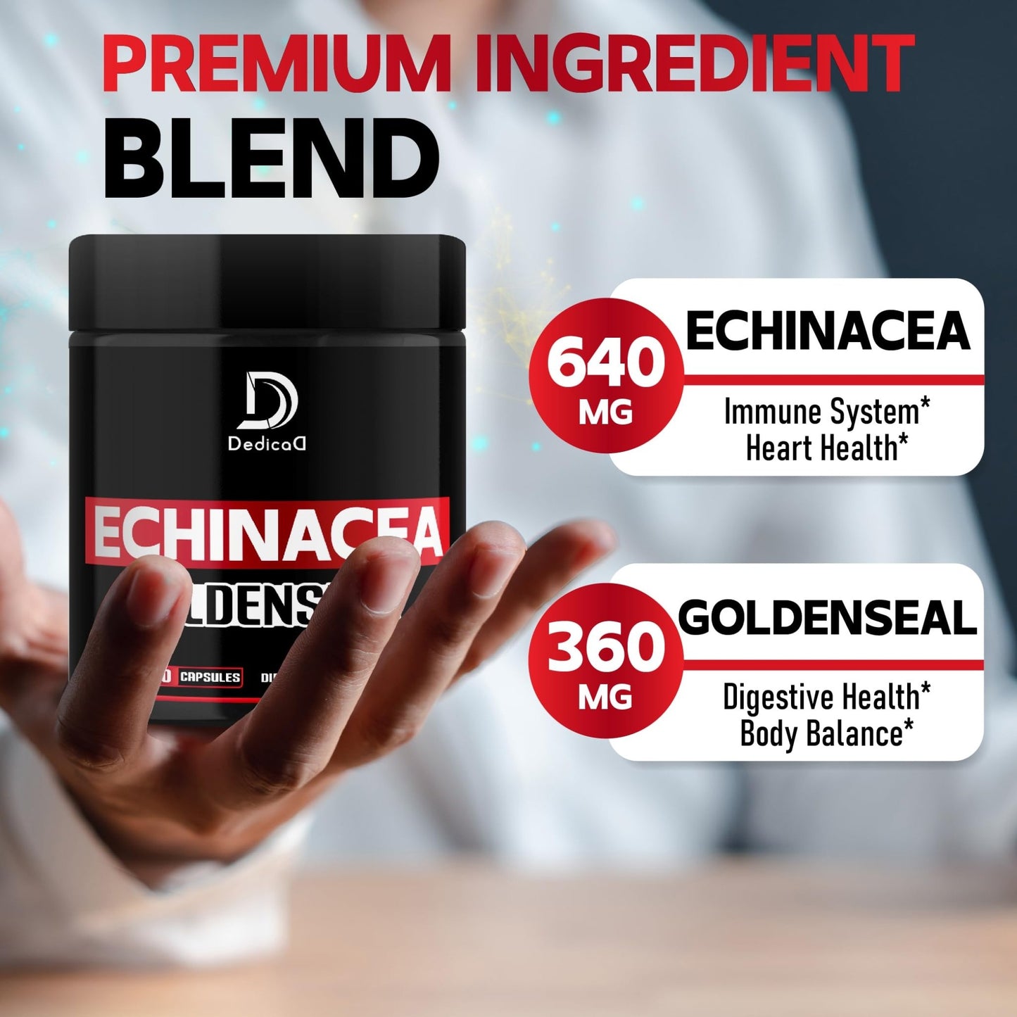 DEDICAD 1000mg Echinacea Goldenseal Capsules - Support Immune System, Well-Being & Overal Health - 60 Veggie Capsules - Non-GMO, Gluten-Free - dailyvitalstore